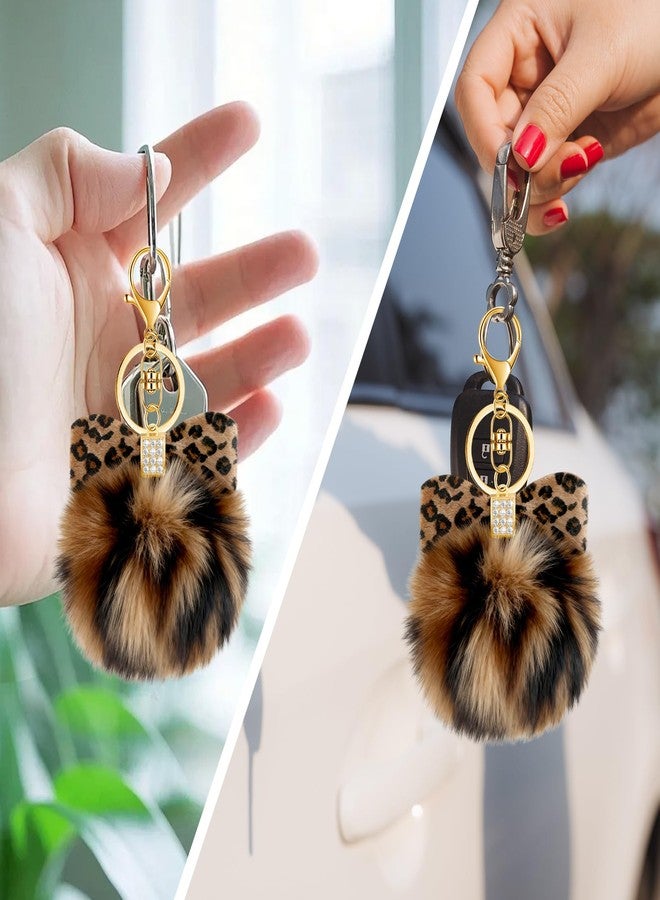 PLwelth Pom Pom Keychain for Women Girls Leopard Print Bag Charms for Handbags Plush Pluffy Ball Bow Keyring for Car Keys Backpack Tote Bag Cheetah Charm Accessories Halloween Birthday Christmas Gifts - Image 3